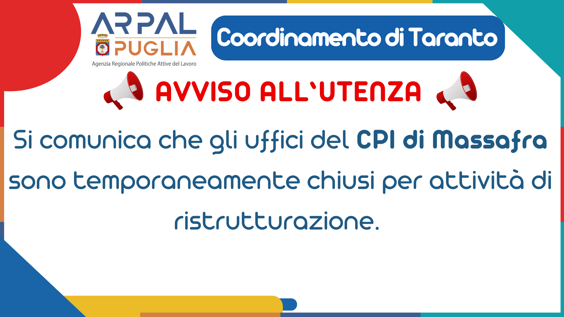 CHIUSURA AL PUBBLICO DEL CPI DI MASSAFRA